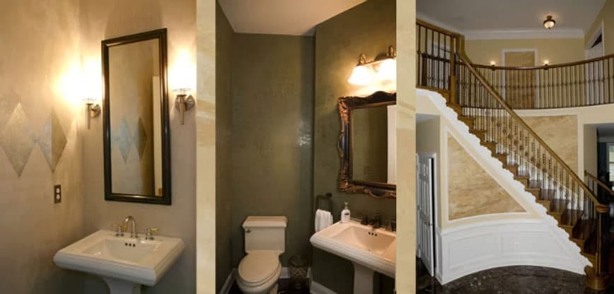 Triptych of custom wall finishes and textures